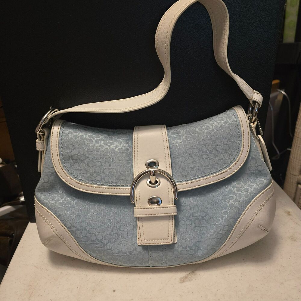 Vintage Coach Soho Blue Signature C Canvas White Leather Shoulder Bag